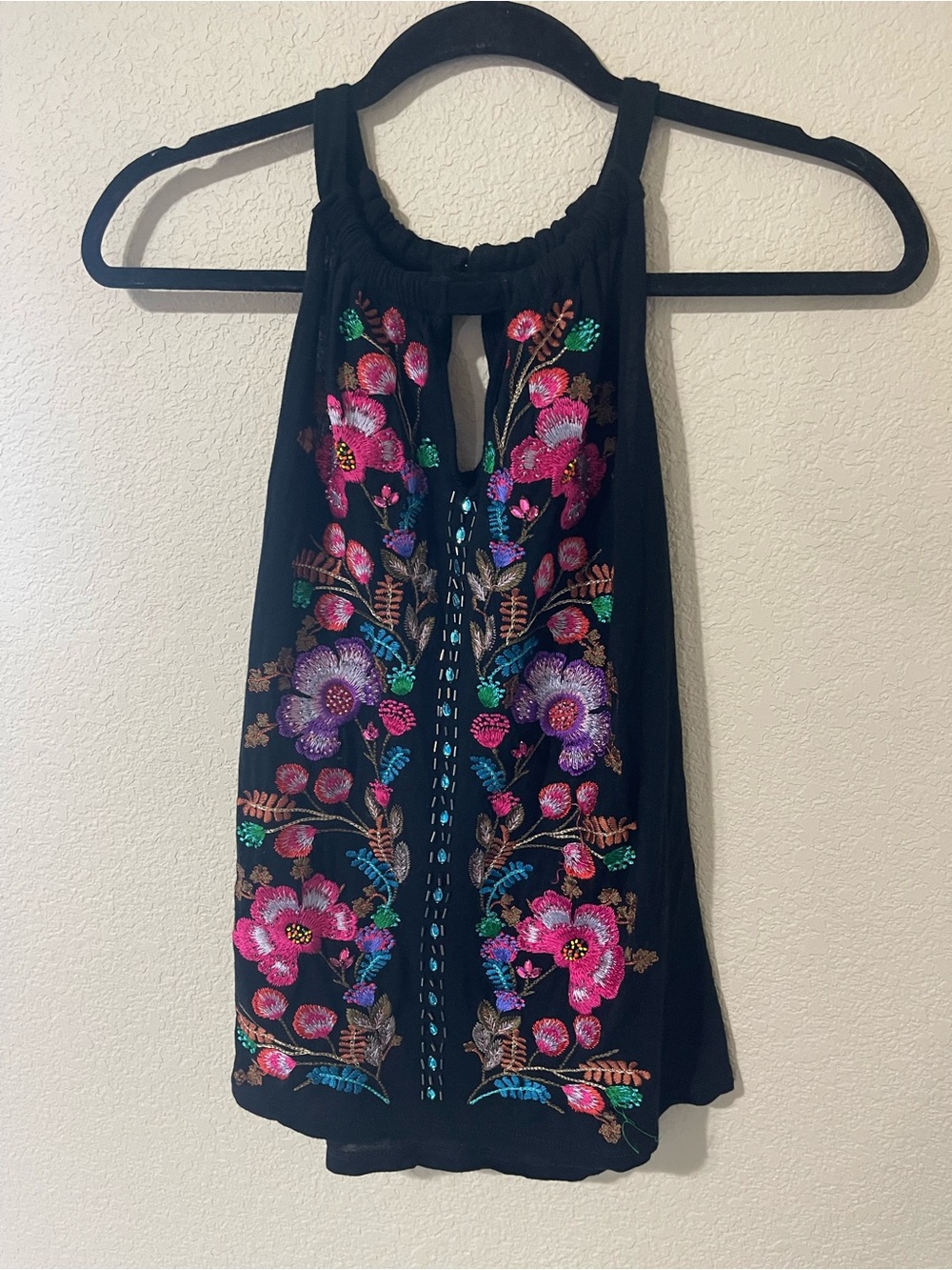 Black Halter Tank Top with Pink & Purple Floral Embroidery